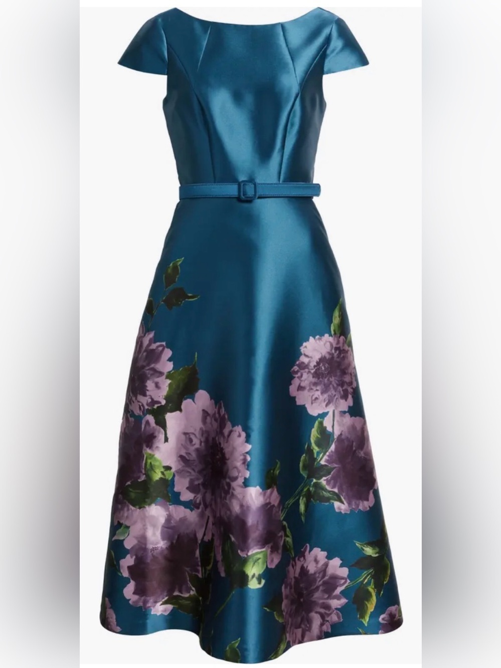 NWOT Kay Unger Ina Floral Belted midi teal blue French Rose Dress sz 12 - Picture 4 of 9